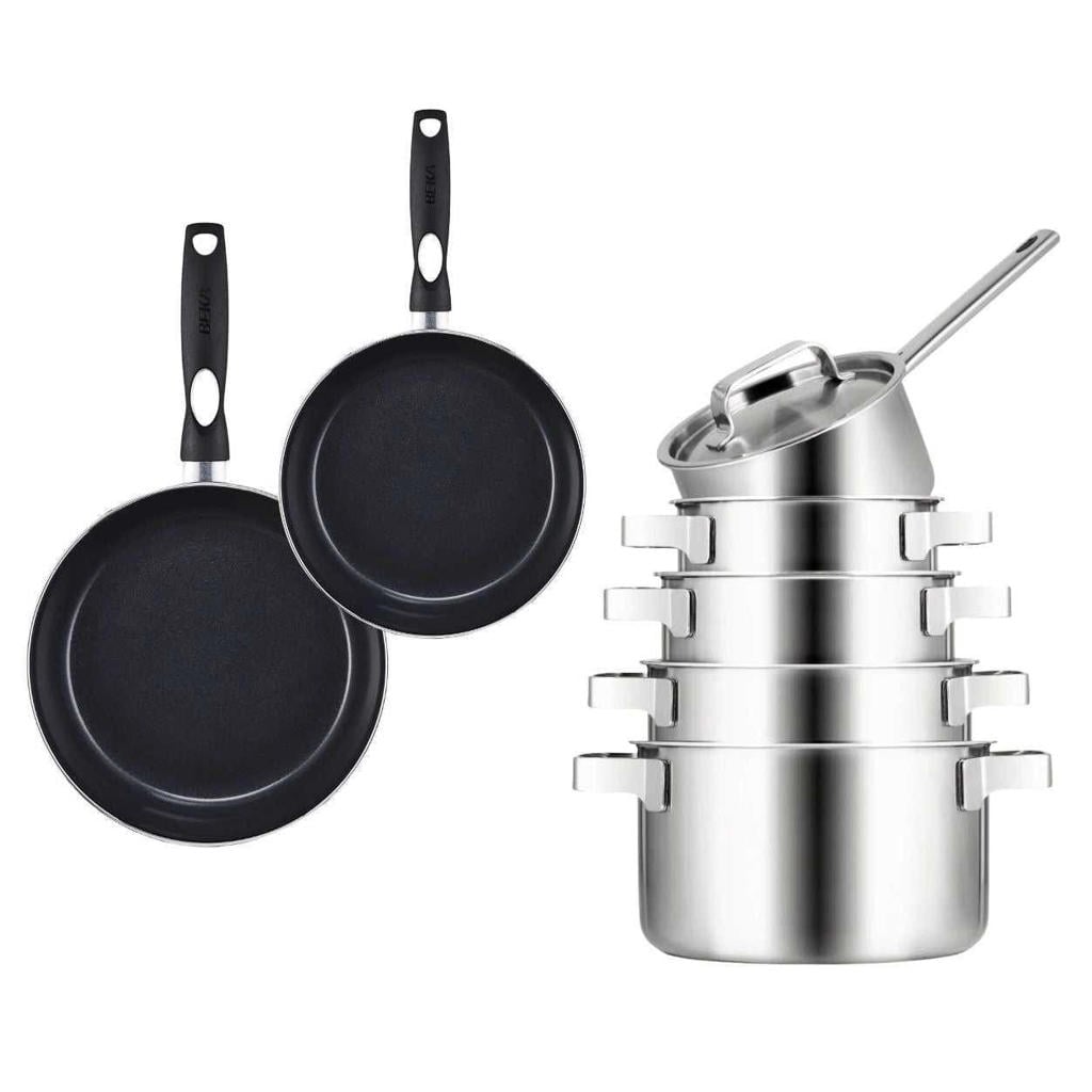 Sola Pannenset Ruby 7-Delig Premium Triply RVS - Kookpan ø 16, 18, 20 en 24 cm en Steelpan ø 16 cm & BEKA Koekenpannen Pro Induc ø 24 & 28 cm
