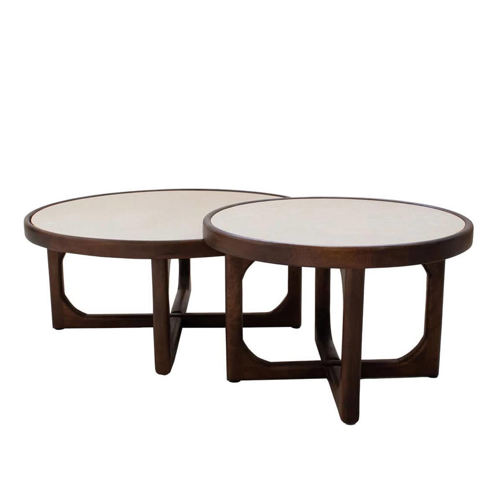 Giga Meubel Salontafel Ayase Rond - Marmer/Hout - Donkerbruin - Set van 2