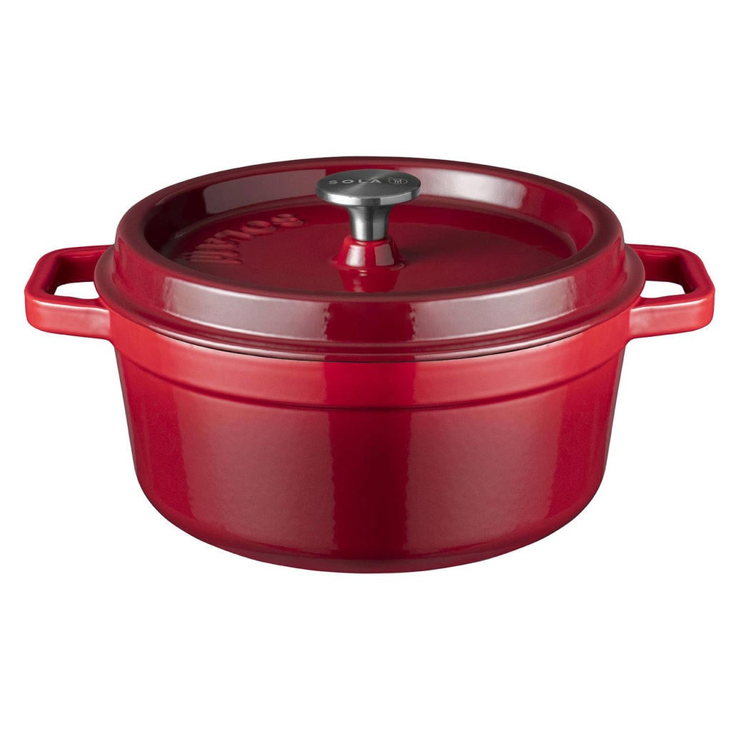 Sola Braadpan met deksel Gietijzer - Rood - ø 24 cm / 3.2 Liter - geëmailleerde anti-aanbaklaag