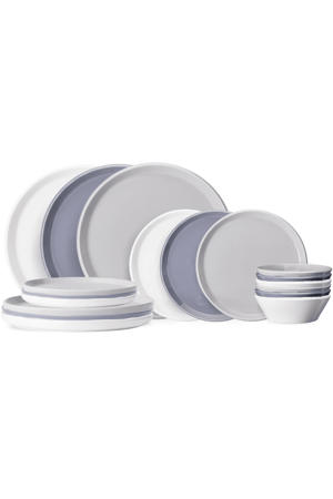 Serviesset Siaki - Wit / Blauw / Grijs - Porselein 18-delig / 6 personen - 6 dinerborden, 6 ontbijtborden en 6 kommen