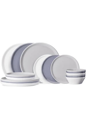 Serviesset Siaki - Wit / Blauw / Grijs - Porselein 18-delig / 6 personen - 6 dinerborden, 6 ontbijtborden en 6 kommen