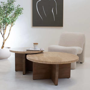 Salontafel Leno Rond - Travertin/Hout - Naturel - Set van 2