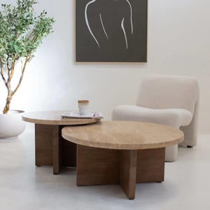 Salontafel Leno Rond - Travertin/Hout - Naturel - Set van 2