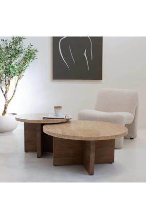 Salontafel Leno Rond - Travertin/Hout - Naturel - Set van 2
