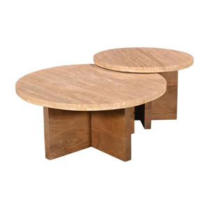 Salontafel Leno Rond - Travertin/Hout - Naturel - Set van 2