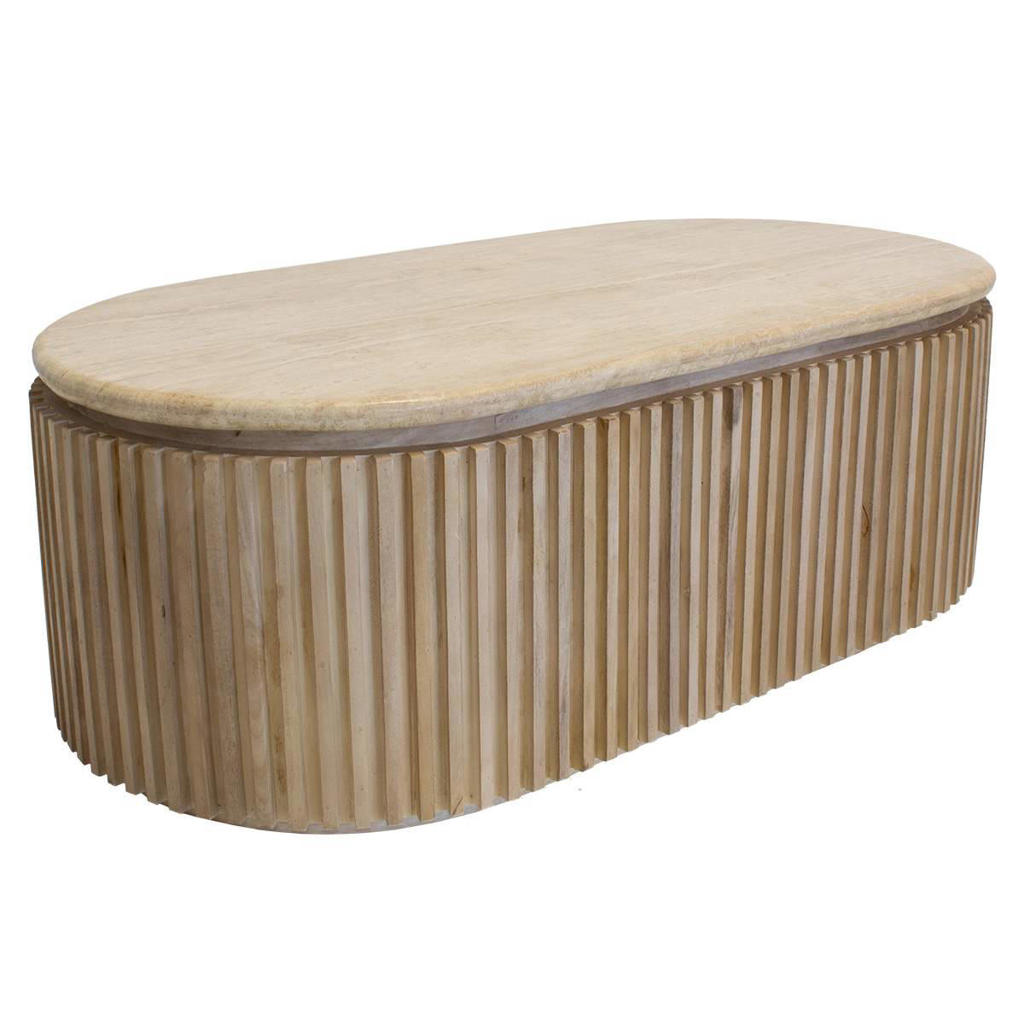 Giga Meubel Salontafel Sven Ovaal - Travertin/Hout - Naturel - 120x60x40cm