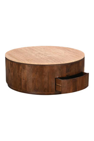 Salontafel Elan Rond - Travertin - Walnoot - 90x90x35cm - Incl. Lades