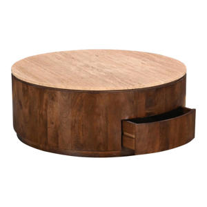 Salontafel Elan Rond - Travertin - Walnoot - 90x90x35cm - Incl. Lades