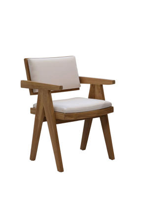Eetkamerstoel Lowen - Stof/Teakhout - Beige - Met Armleuning - Set van 2 