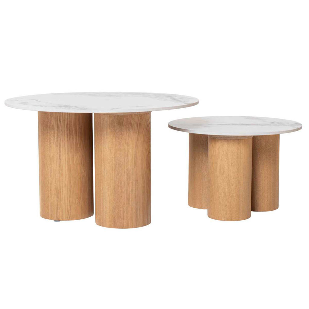 Giga Meubel Salontafel Alita - Wit Keramiek/Naturel - Ø70/50x42/32cm