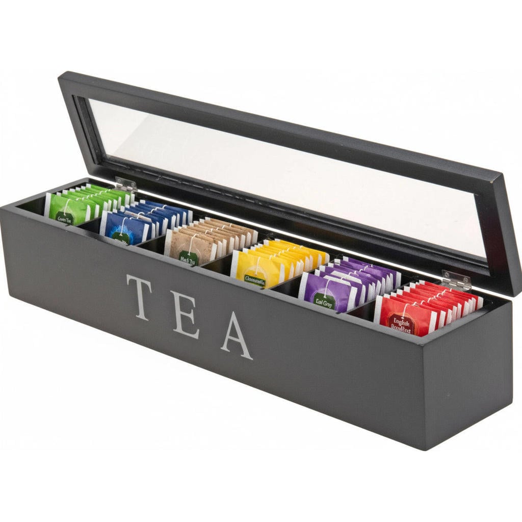 Cookinglife Theedoos - Theekist - Zwart - 6 vakken - 43 x 9 x 8.7 cm