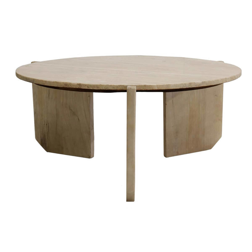 Giga Meubel Salontafel Simon Rond - Travertin/Hout - Bruin - 80x80x36cm