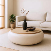 thumbnail: Giga Meubel Salontafel Draby - Beige/Naturel - PU Leer - Ø102x34cm