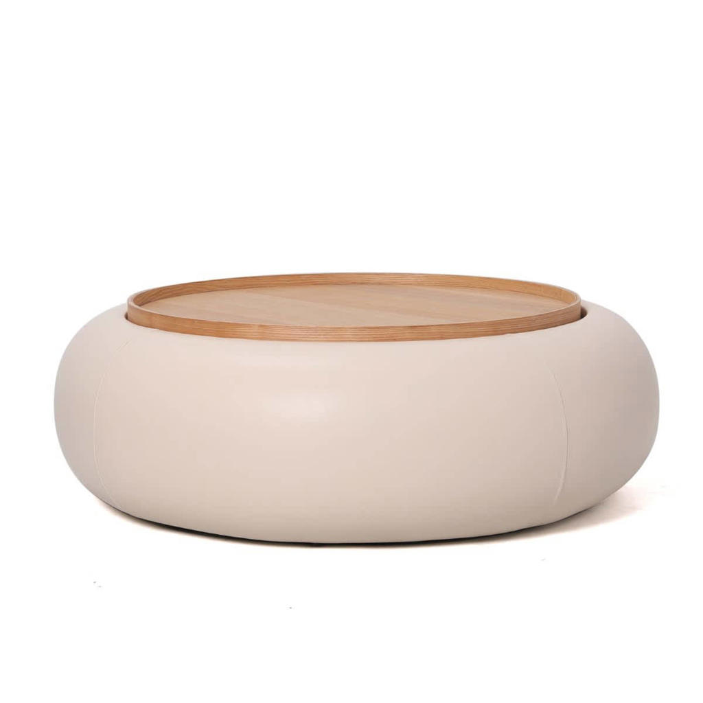 Giga Meubel Salontafel Draby - Beige/Naturel - PU Leer - Ø102x34cm