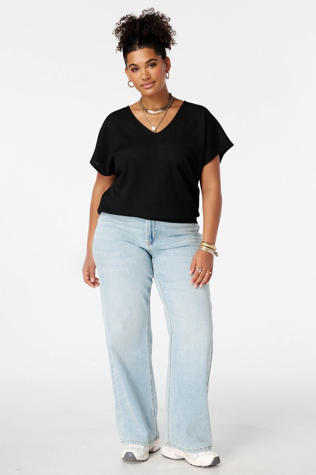 Zwarte dames MS Mode top van polyester met effen, korte mouwen, V-hals en textuur