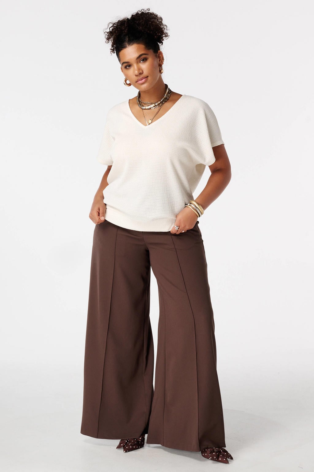 Ecru dames MS Mode top van polyester met effen, korte mouwen, V-hals en textuur