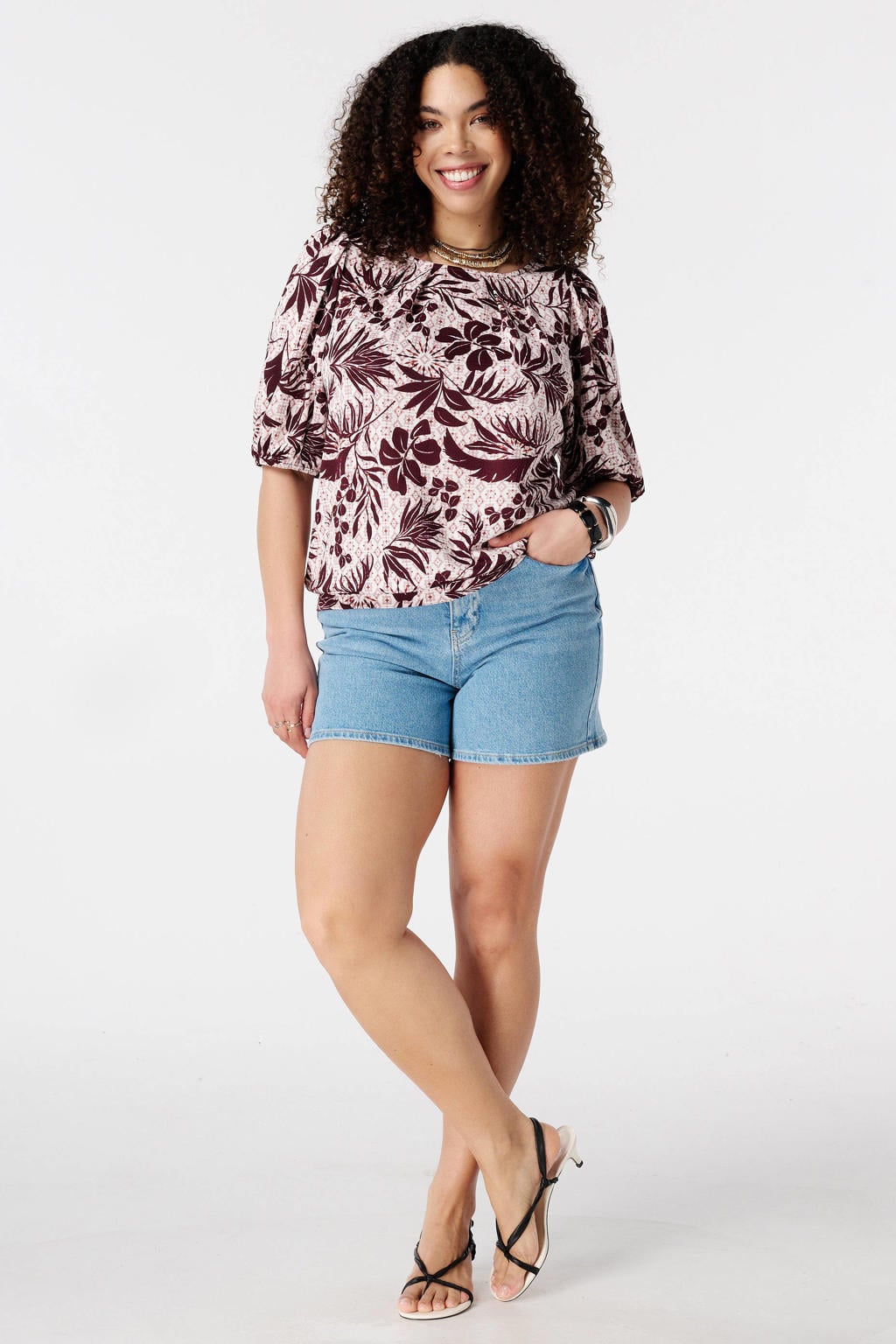 Donkerrode dames MS Mode top van polyester met bladprint, korte mouwen en elastische boord