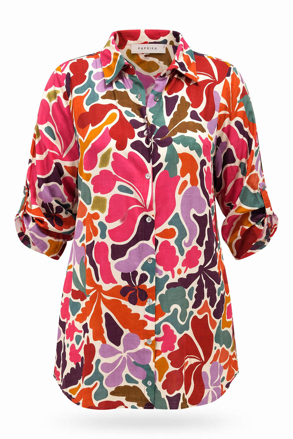 Multikleurige dames Paprika tuniekblouse van viscose met driekwart mouwen, klassieke kraag en knoopsluiting
