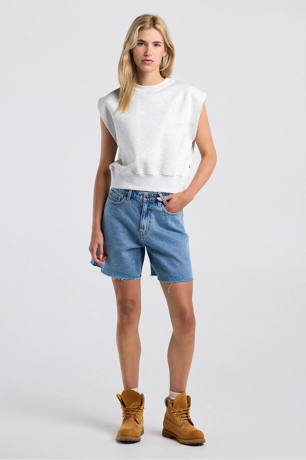 Lichtgrijze dames America Today top met melée print, ronde hals en elastische boord