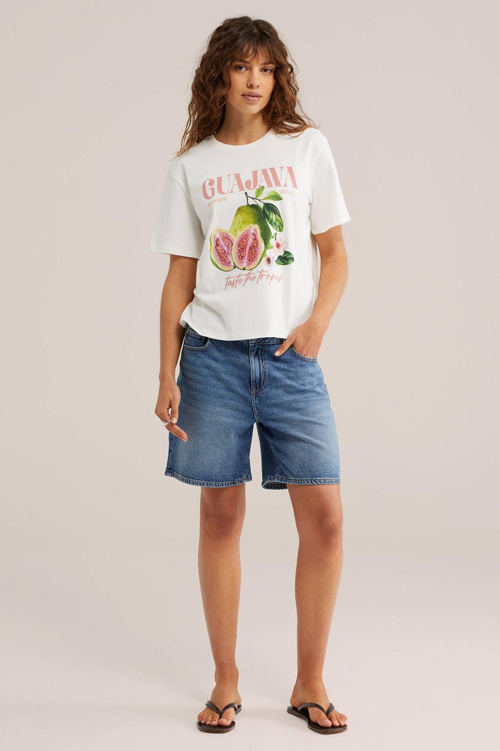 Wit, roze en groene dames WE Fashion T-shirt van katoen met printopdruk, korte mouwen en ronde hals