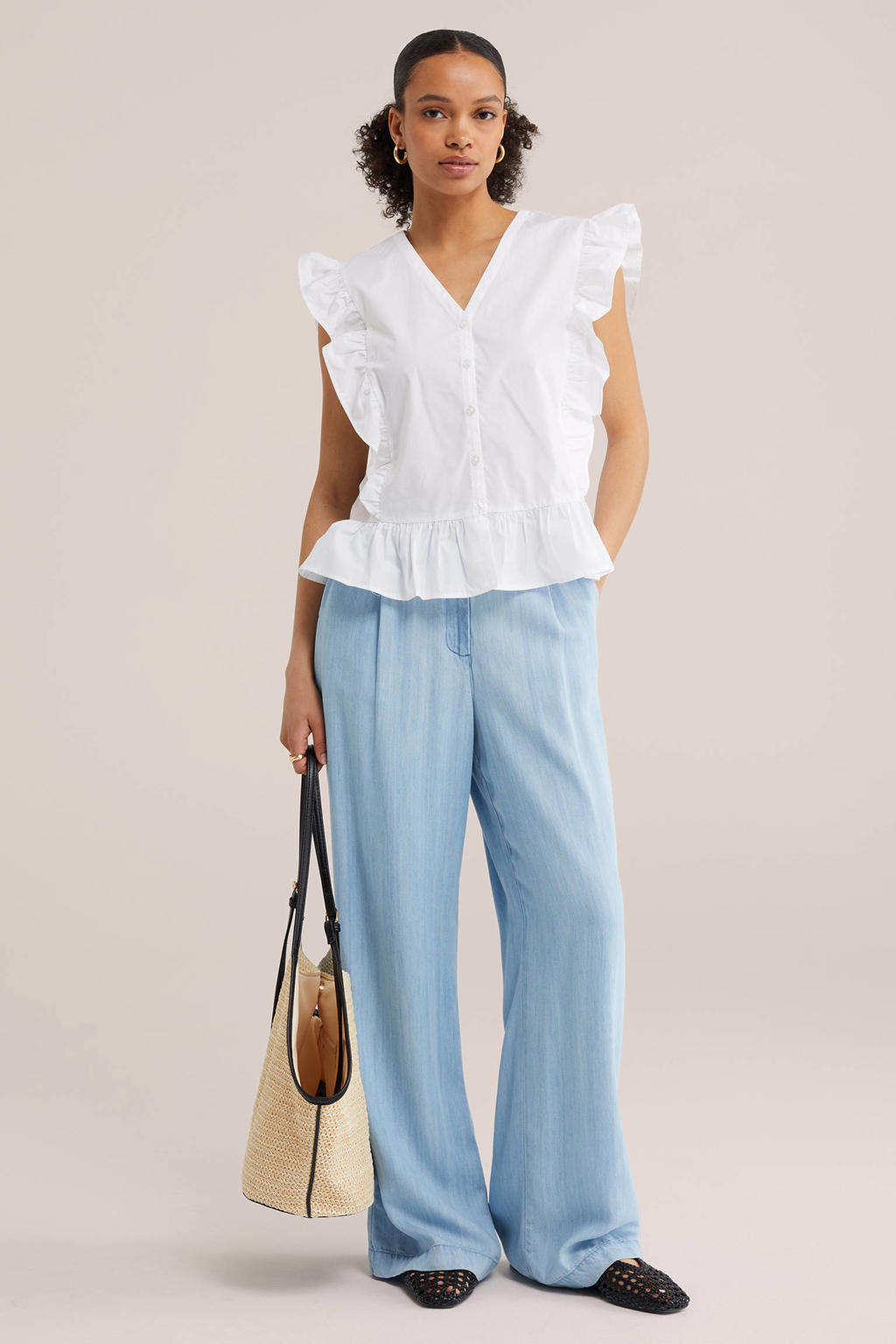 Witte dames WE Fashion blouse van katoen met effen, klassieke kraag, knoopsluiting en ruches