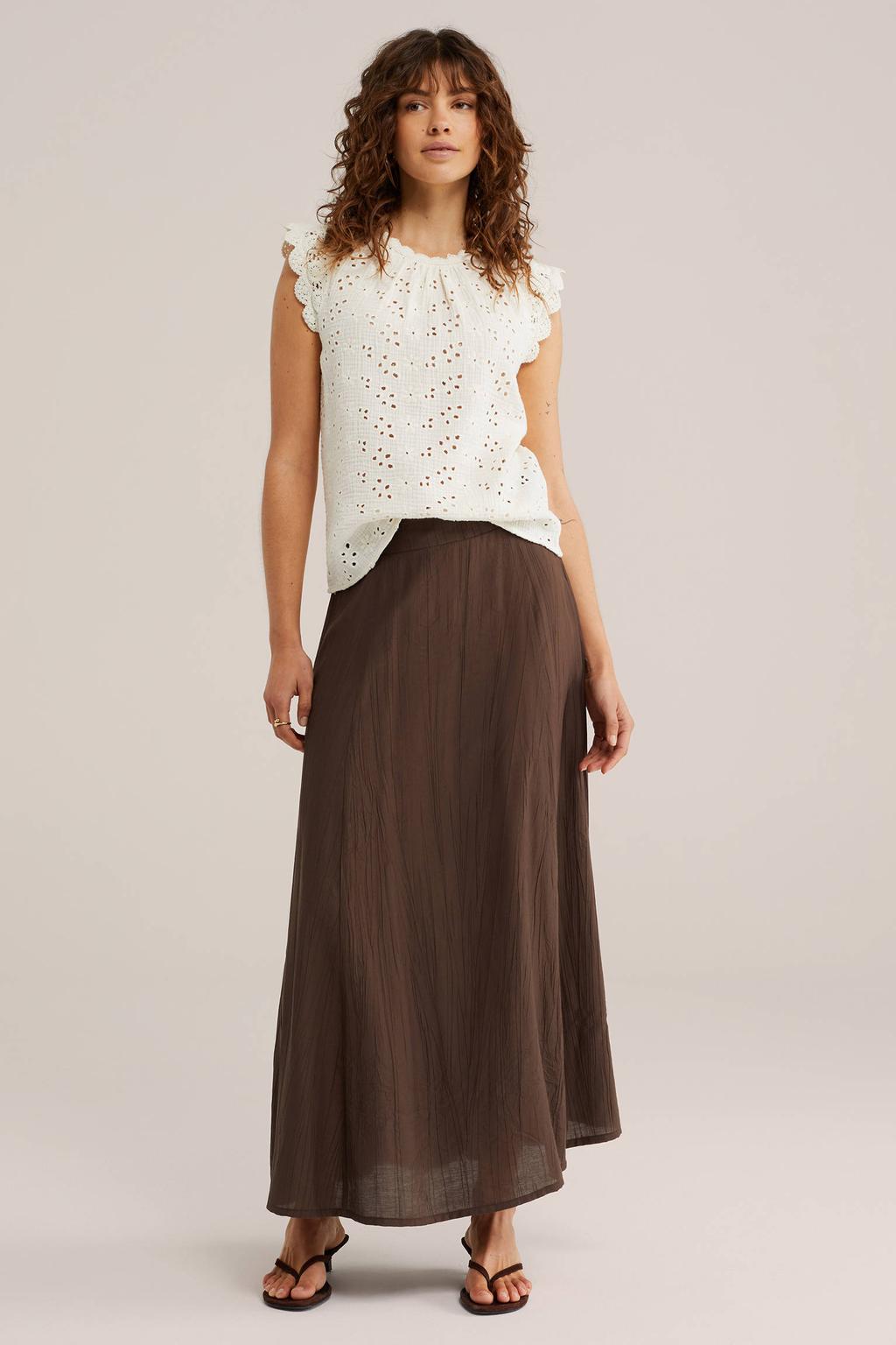 Ecru dames WE Fashion top met effen, ronde hals en ruches