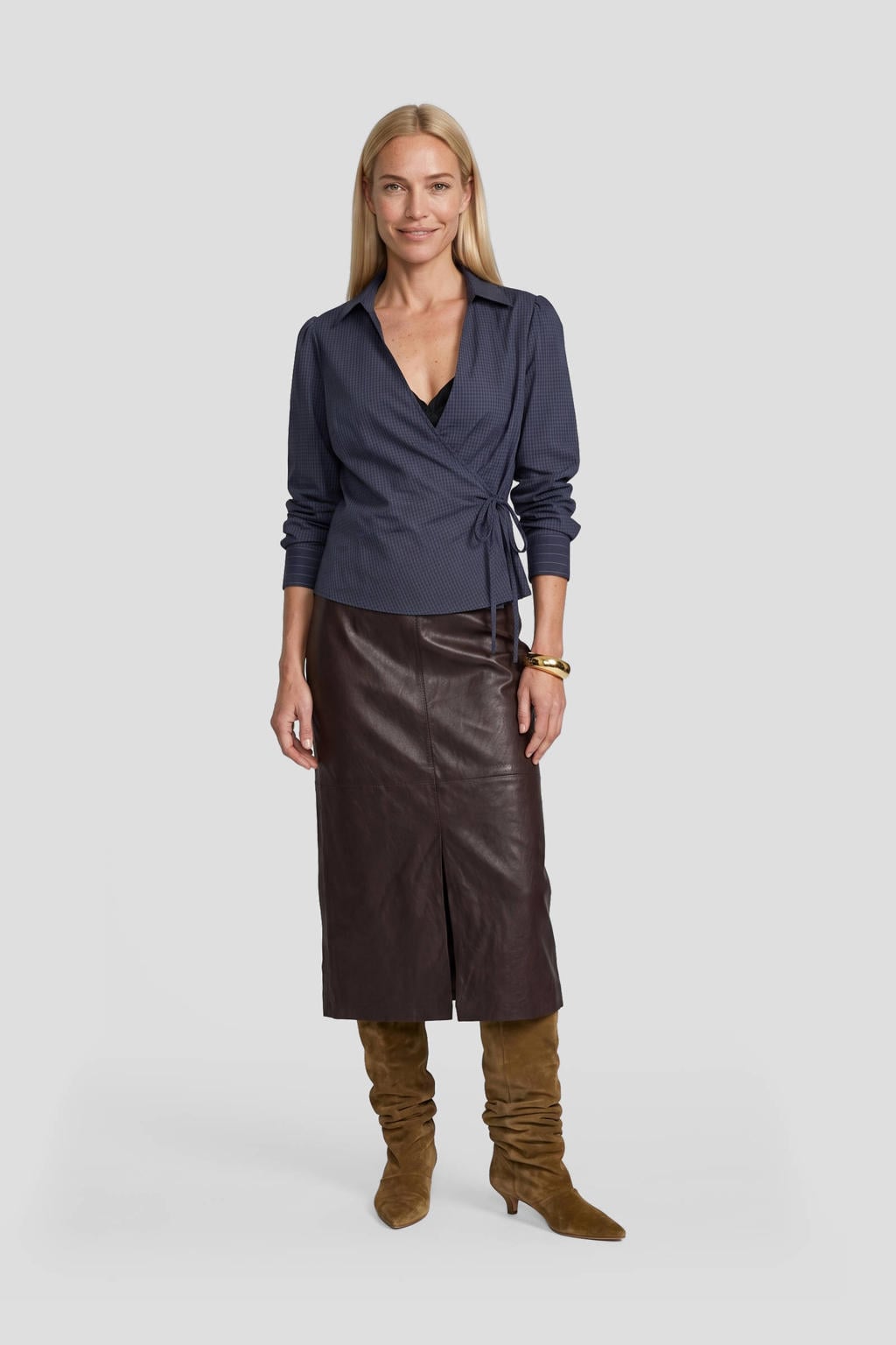 Ruby geruite poplin overslagblouse donkerblauw