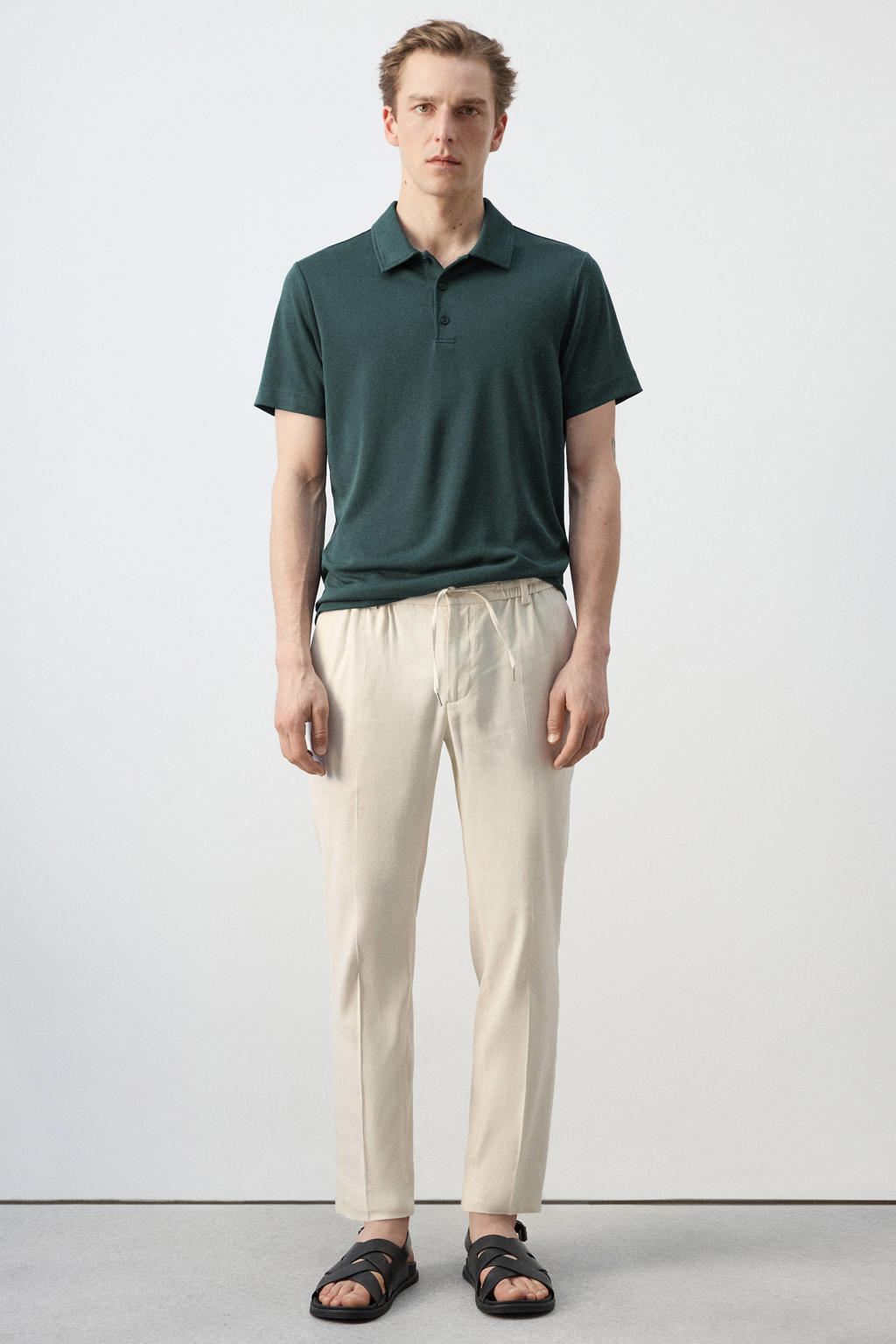 Donkergroene heren Mango Man slim polo van viscose met effen en korte mouwen