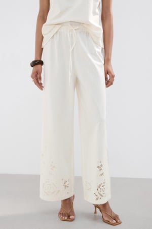 wide leg regular waist broek broderie ecru
