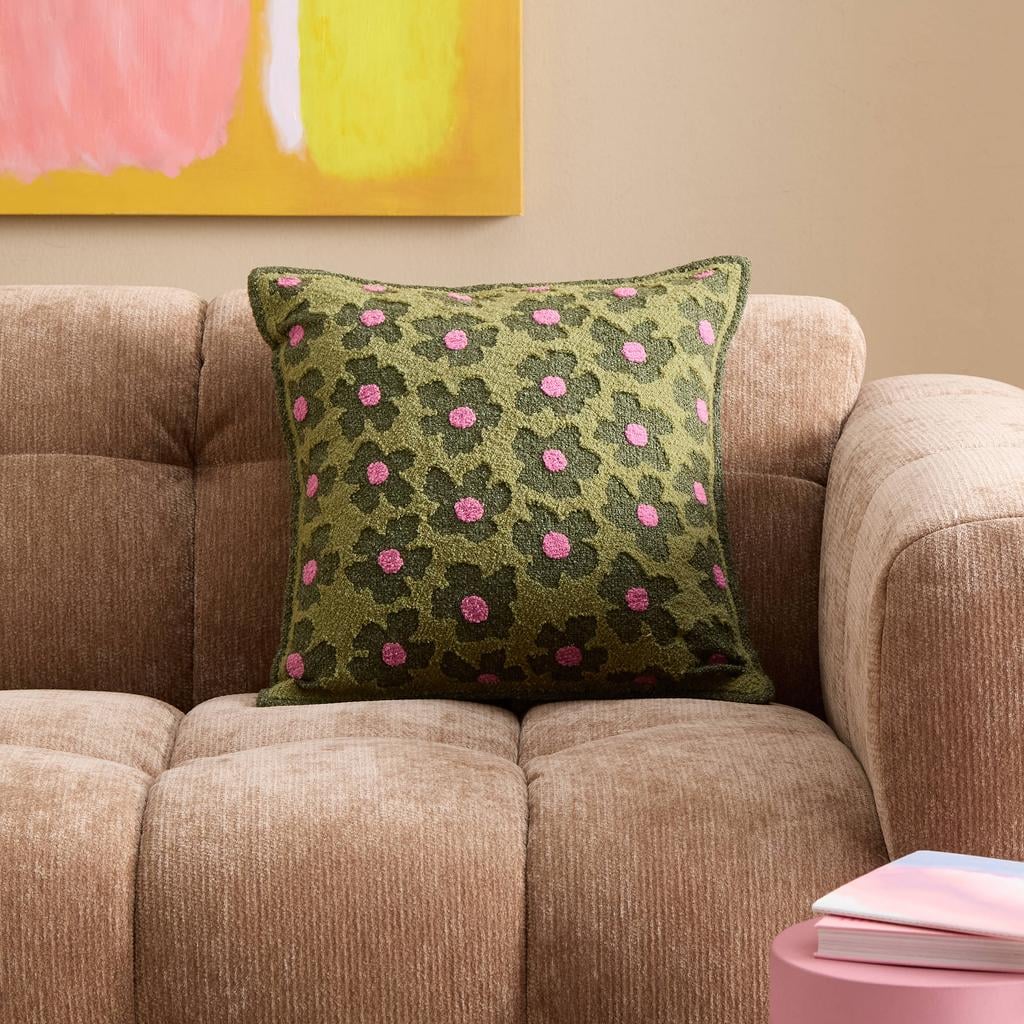 NOUS Living vierkante gebloemde sierkussen Jula 45x45 cm - groen/roze/donkergroen