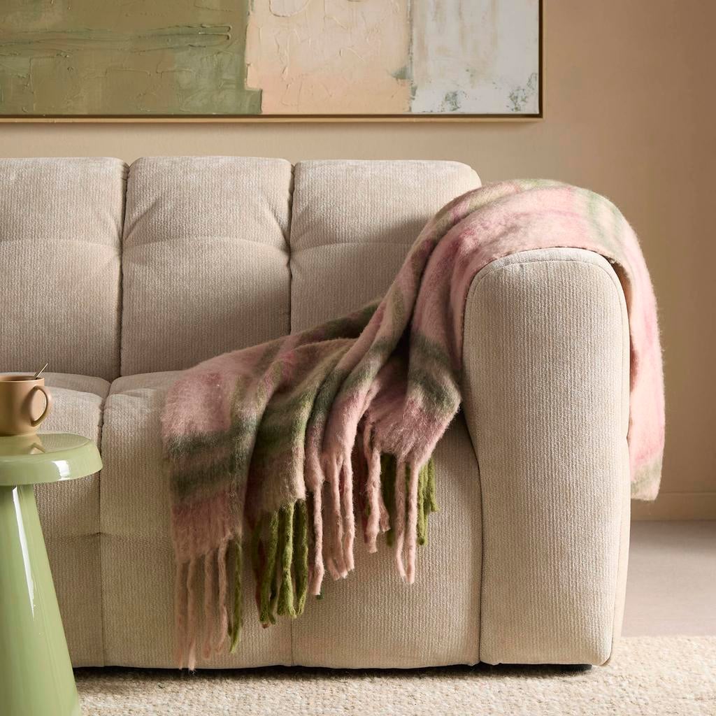 NOUS Living wollen geruite plaid 120x150 cm - roze/groen