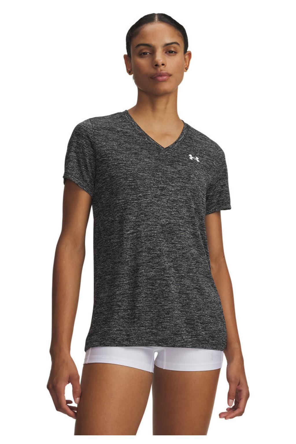 Zwarte dames Under Armour Tech Twist sportshirt melange van polyester met korte mouwen en V-hals