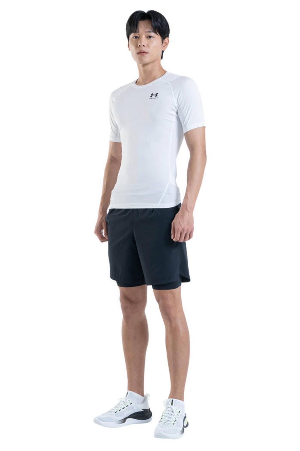 Witte heren Under Armour compress sportshirt van polyester met logo dessin en korte mouwen