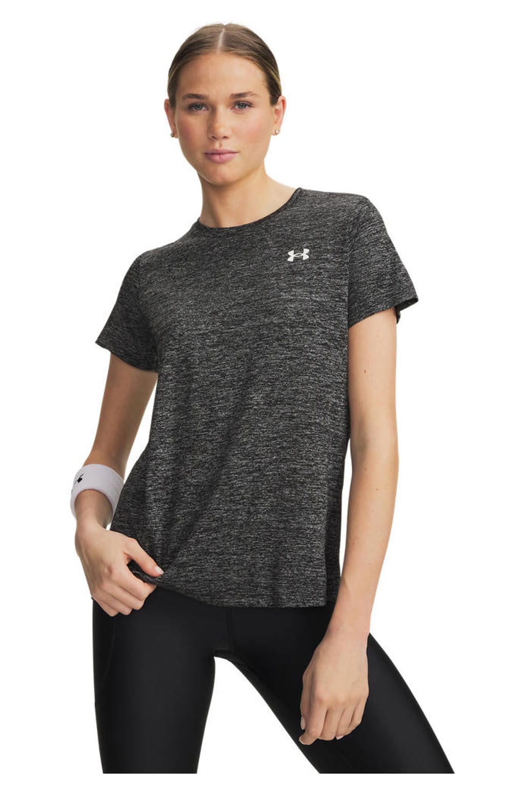 Zwarte dames Under Armour Tech Twist sportshirt van polyester met melée print en korte mouwen