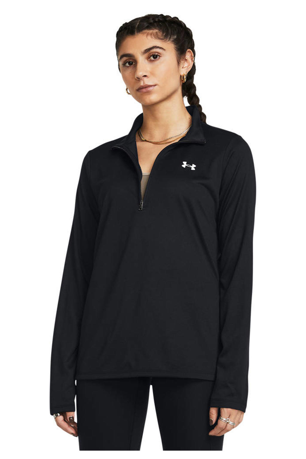 Zwarte dames Under Armour sportshirt mouwen van polyester met logo dessin en lange mouwen