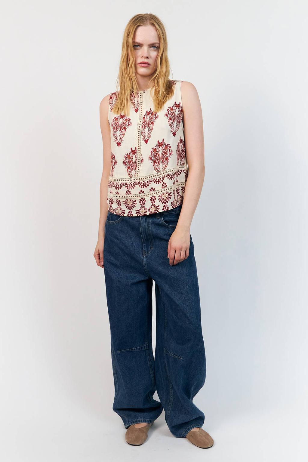 Ecru en rode dames Lollys Laundry top van viscose met ronde hals
