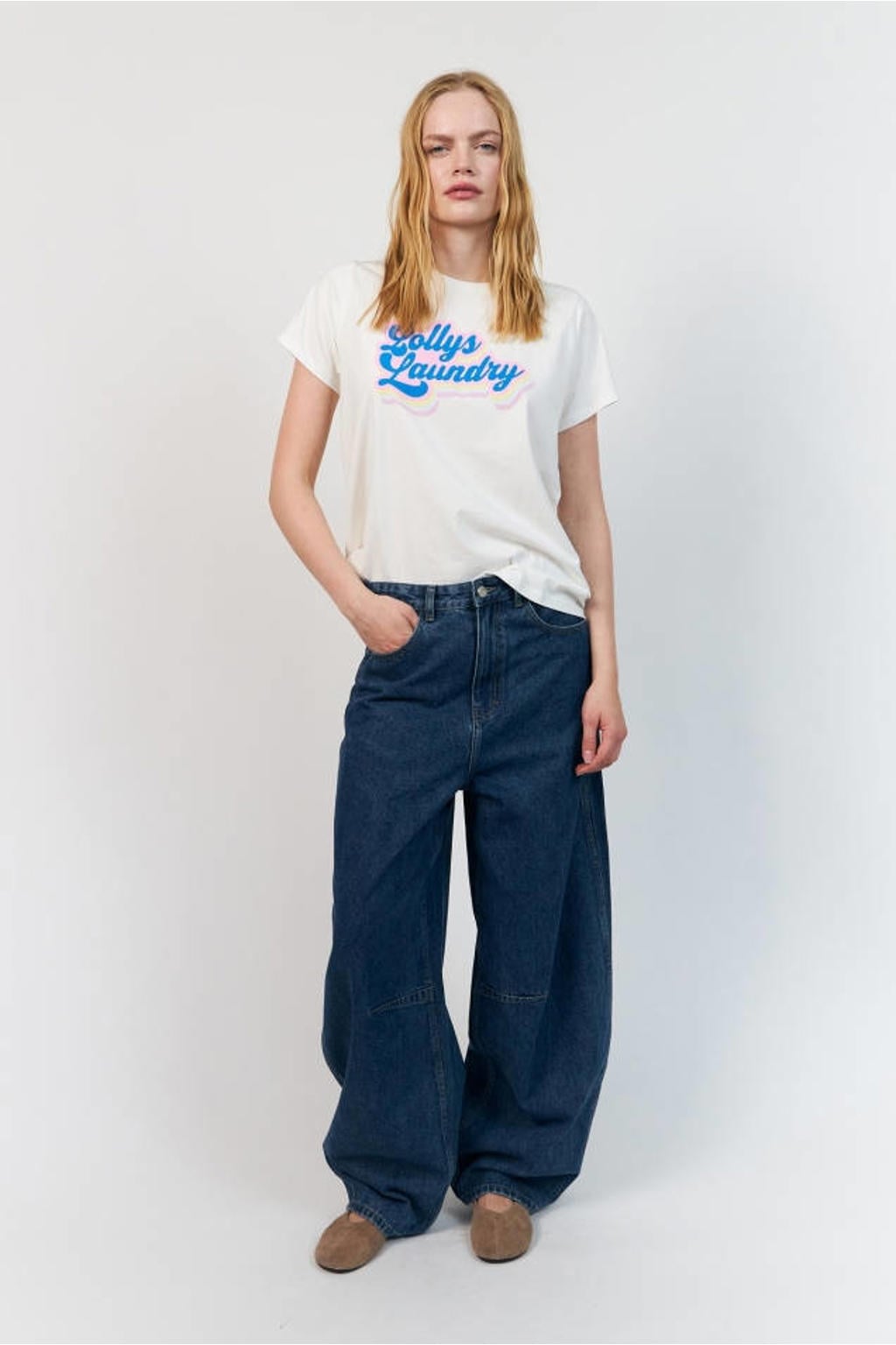 Ecru, blauw en roze dames Lollys Laundry T-shirt van katoen met tekst print, korte mouwen en ronde hals