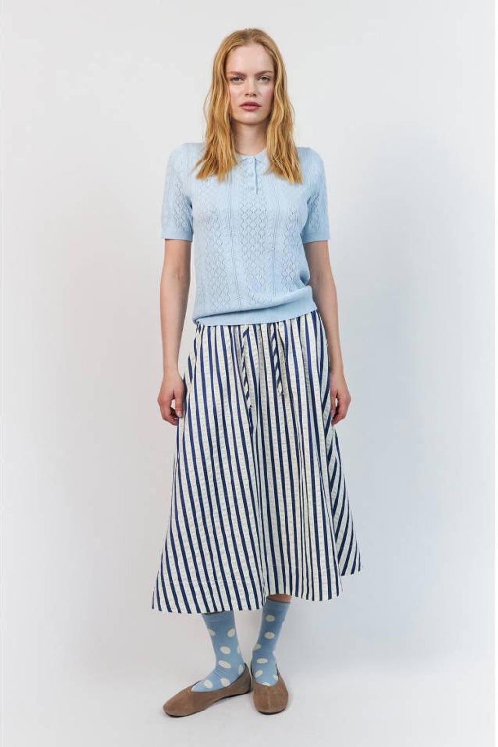 Blauw en ecru dames Lollys Laundry gestreepte midi rok gemaakt van katoen en met elastische tailleband met koord