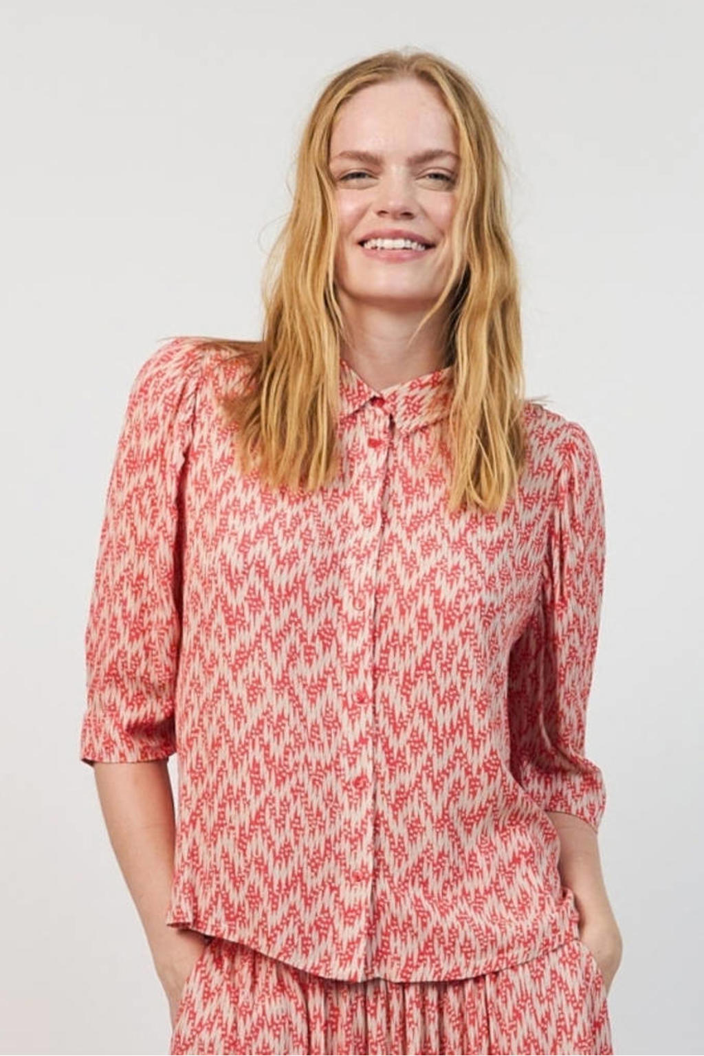 Roze dames Lollys Laundry top van viscose met driekwart mouwen en klassieke kraag