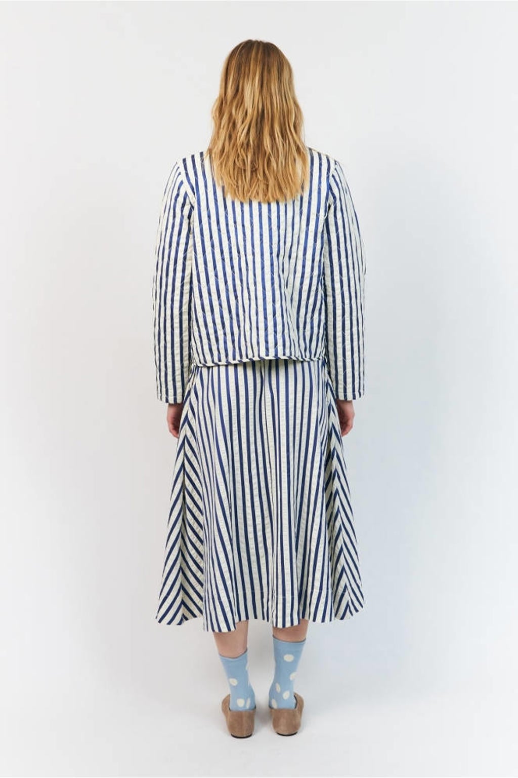 Blauw en ecru dames Lollys Laundry gestreepte zomerjas van katoen met lange mouwen en mao kraag