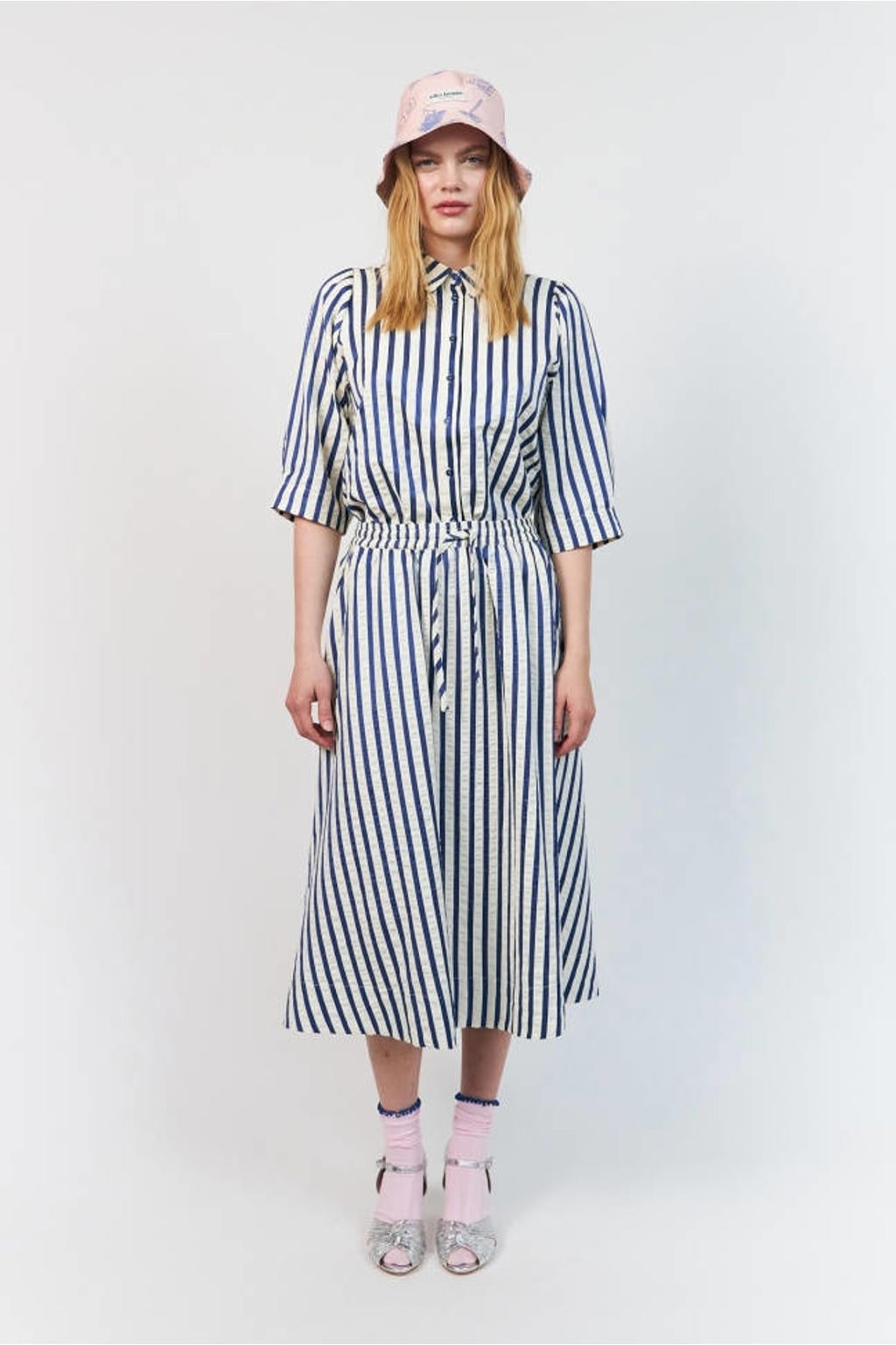 Blauw en ecru dames Lollys Laundry gestreepte top met half lange mouwen en klassieke kraag