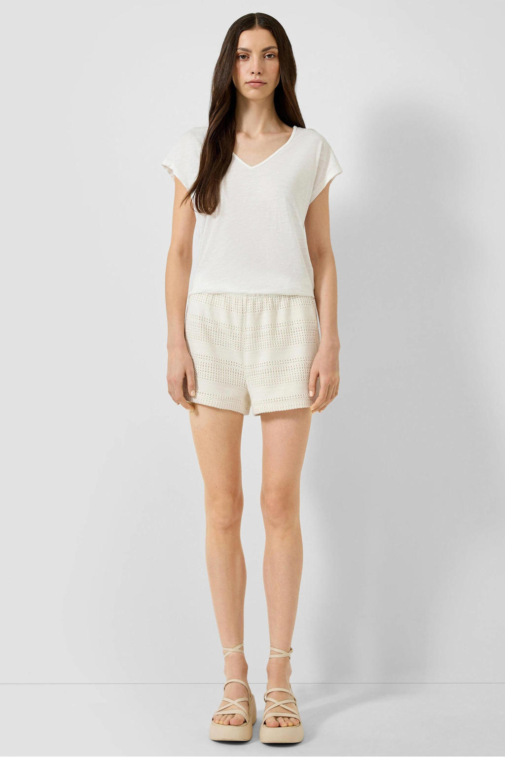 Witte dames QS top met effen, korte mouwen, V-hals en kant