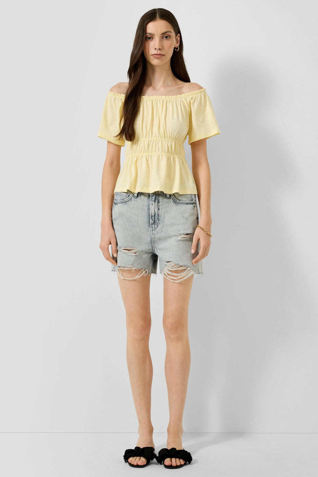 Gele dames QS top met effen, korte mouwen en off shoulder hals