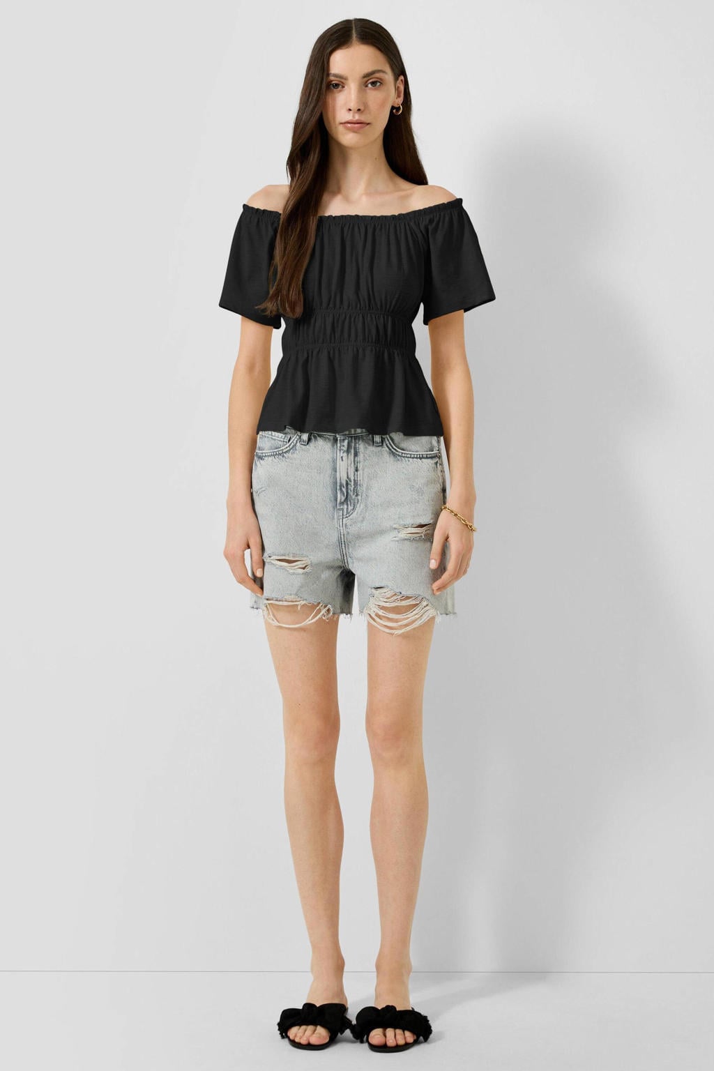 Zwarte dames QS top met effen, korte mouwen en off shoulder hals