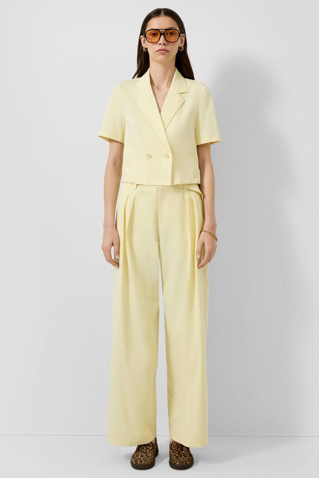 Lichtgele dames QS cropped blazer van polyester met effen, lange mouwen, reverskraag en knoopsluiting