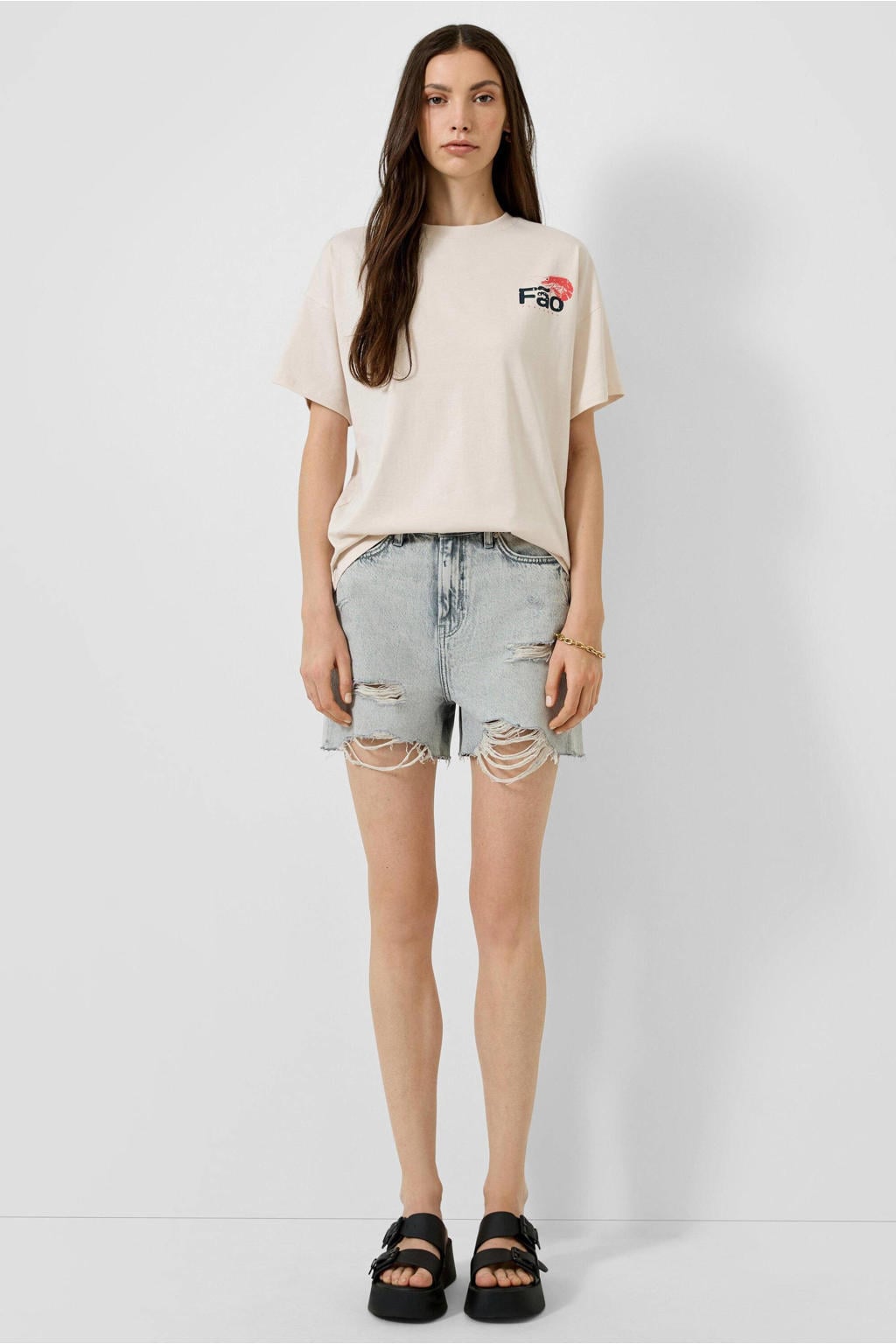 Beige dames QS T-shirt van katoen met backprint, korte mouwen en ronde hals