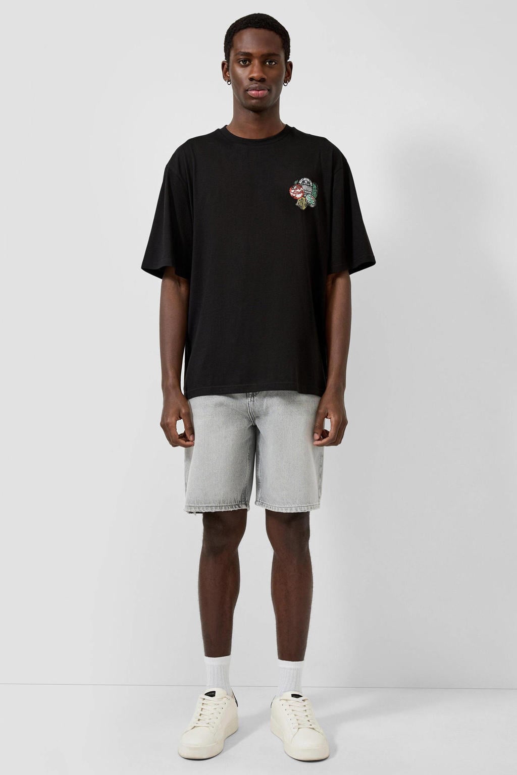 Zwarte heren QS relaxed T-shirt van katoen met backprint, korte mouwen en ronde hals