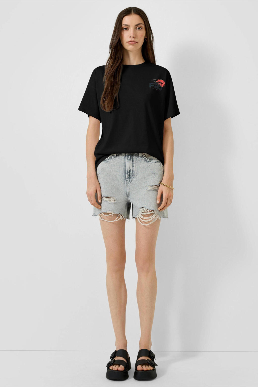 Zwarte dames QS T-shirt van katoen met backprint, korte mouwen en ronde hals