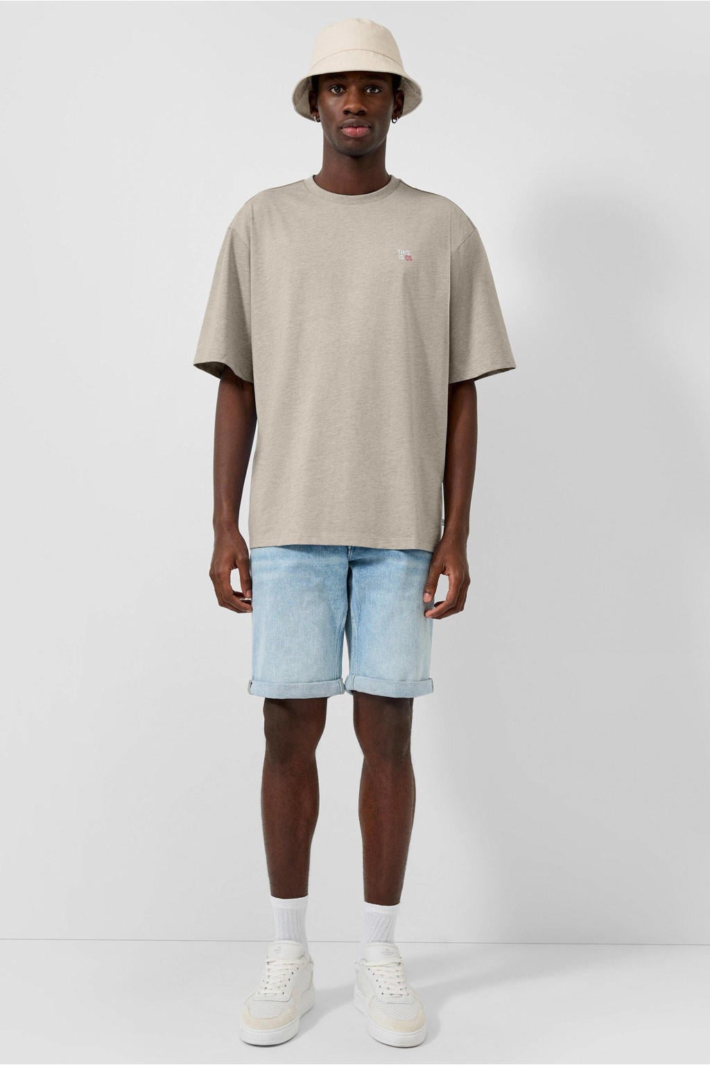 Beige heren QS relaxed T-shirt van katoen met effen, korte mouwen en ronde hals