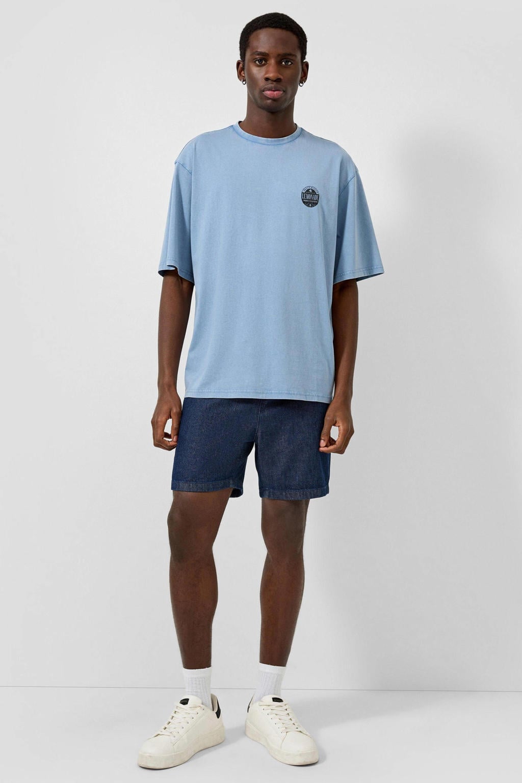 Blauwe heren QS relaxed T-shirt van katoen met backprint, korte mouwen en ronde hals
